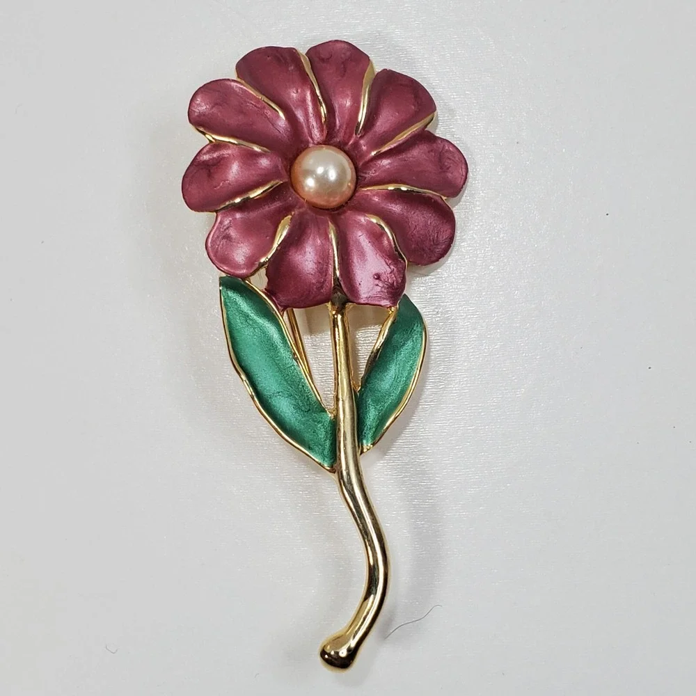 Gold Tone Multi-color Enamel Faux Pearl Flower Floral Brooch Pin Jewelry
